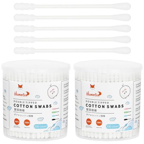 HOMEFOX Organic Cotton Swabs - 400 Count Spiral & Round Tips