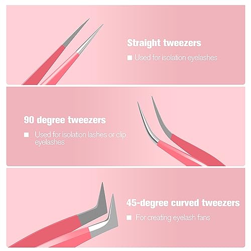 VEYES INC Lash Tweezers for Eyelash Extensions,High Precision Tweezers Kit Contains Isolation,Curved and Volume Lash Tweezers (3pcs) Pink