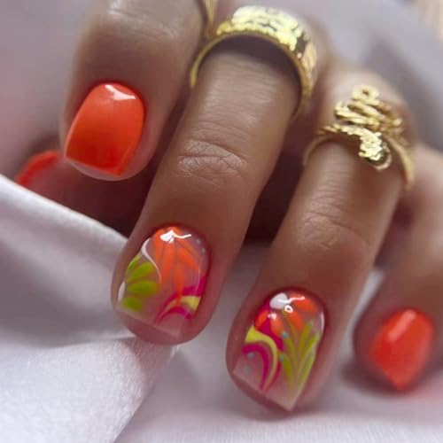 WLGDLH Design 1B1 24Pcs Orange Short Square Press On Nails with Colorful Flower Design
