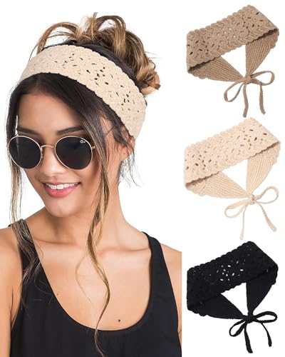 3 Pack Boho Crochet Headbands for Women - Adjustable Hair Accessories