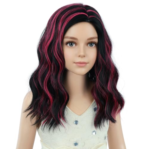 PATTNIUM Kids Black & Hot Pink Short Curly Wavy Wig - Shoulder Length, Heat-Resistant Synthetic Cosplay Costume Hair