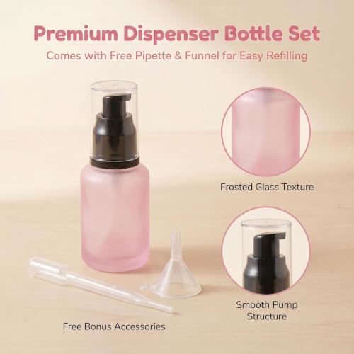 Pink Frosted Glass Pump Bottles - 6 Pack 30ml Cosmetic Containers