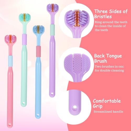 3-Sided Soft Bristle Toothbrush Set for Adults - 4 Pack, Colorful, Deep Cleaning