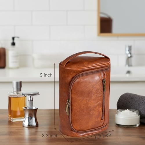 Cumbanho Compact Men's Toiletry Bag - Water-Resistant PU Leather Dopp Kit, Brown