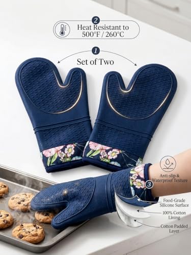 HOMETYGER Heat-Resistant Silicone Oven Mitts - Waterproof, Non-Slip, Cotton Lined