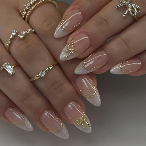 Gold Almond Press On Nails with White French Tips - 24 Pcs Set