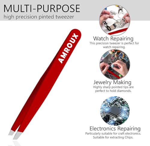 Amorux Red Stainless Steel Eyebrow Tweezers for Women & Men - Precision Facial Hair Removal