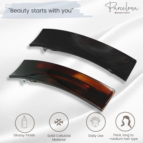 Parcelona Tortoise Shell Black French Hair Clips Set of 2 for Thick Hair