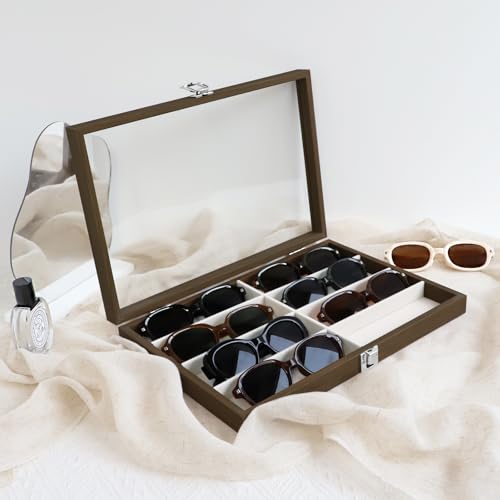 Wudygirl Jewelry Organizer with Lid - 8 Grid Sunglasses & Accessories Tray 13.7"x9.4" Beige