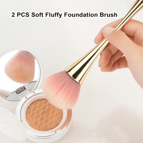 2 Pcs Large Mineral Powder Kabuki Makeup Brushes - Fluffy Foundation & Blush Brush Set