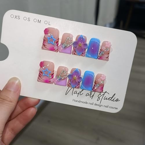Duckbill Press on Nails Set - Blue Leopard with Rhinestones & Bow (S)