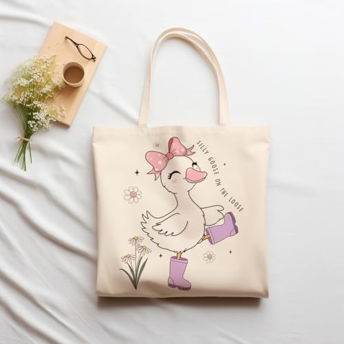 Silly Goose Canvas Tote Bag with Inner Pockets - Reusable Lunch & Grocery Bag