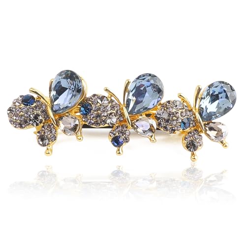 Elegant Blue Crystal Butterfly Hair Barrette for Thick Hair