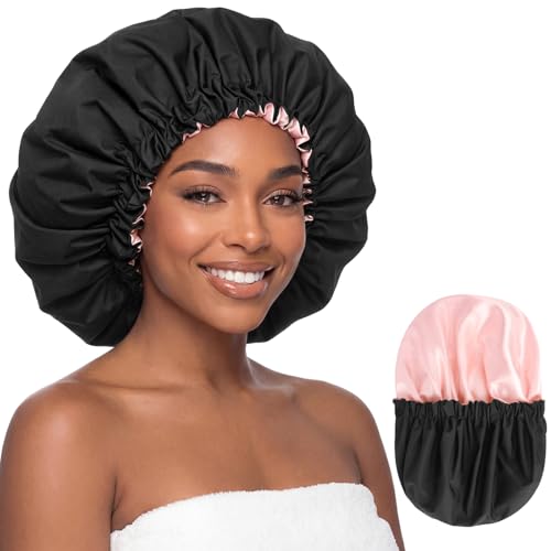 Selalu Extra Large Satin Lined Shower Cap - Black/Blush Pink