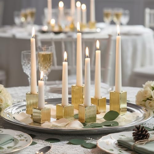 LETINE 12pcs Gold Vertical Stripe Glass Candle Holders Set
