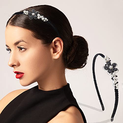 2 Pack Rhinestone Hair Accessories - Crystal Headbands & Pearl Flower Clips for Women