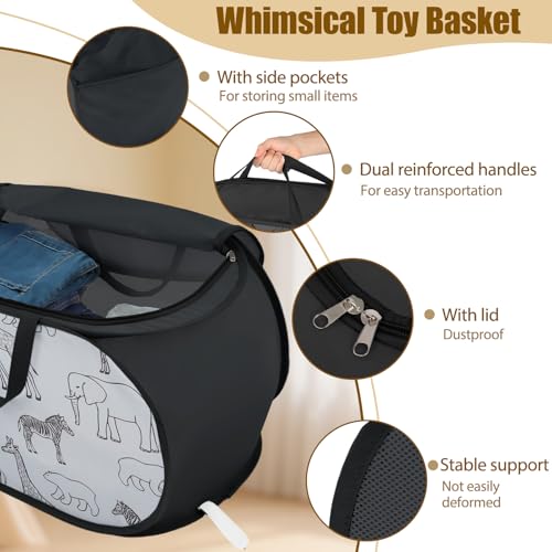 Stuffed Animal Storage Basket with Zipper Lid - Black