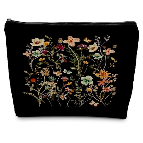 Supwhd Black Floral Small Makeup Bag - Waterproof Linen Cosmetic Pouch for Women & Girls