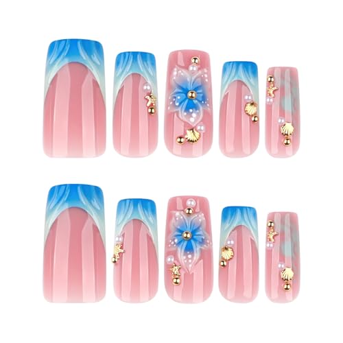 CTTHNBD Blue Flower French Tip Square Press On Nails with Shell Design - Reusable Summer Fake Nails for Women, 24 Pcs