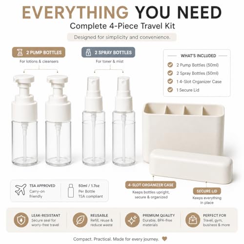 TSA Approved Travel Skincare Bottles Set - 2 Pump & 2 Spray Containers