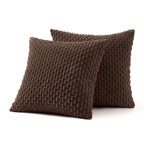 MIULEE 18x18 Decorative Corduroy Pillow Covers - Pack of 2, Dark Brown Striped for Modern Farmhouse Decor