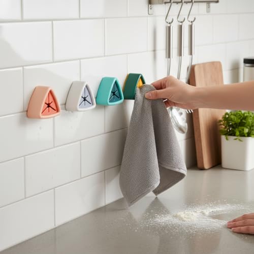 8 Pack Adhesive Kitchen Towel Holders - No Drilling, Push-Grip Design