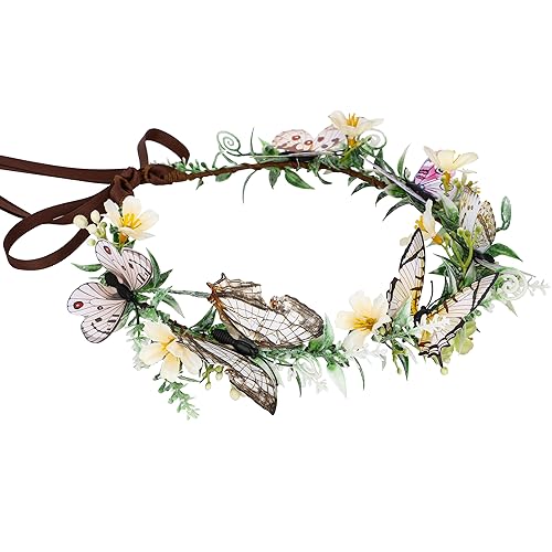 White Handmade Flower Butterfly Crown for Women Fairy Costume Elf Headband Halloween Renaissance
