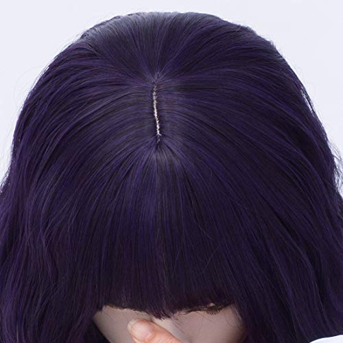 Short Wavy Purple Wig with Bangs - Heat Resistant Synthetic Hair for Costume