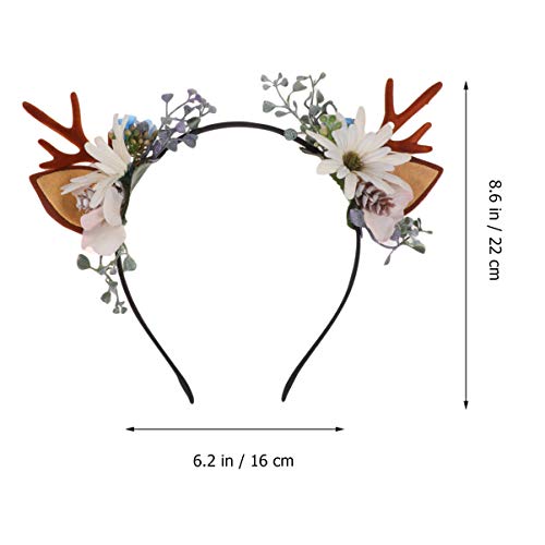 Lurrose Christmas Deer Antler Headband with Floral Pine Cone Decor