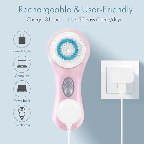 Microtree Sonic Facial Cleansing Brush - Deep Clean & Exfoliate, Waterproof & Rechargeable, 2 Speed Modes with Extra Heads