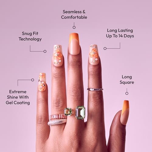 Goldfinger Grand Long Square 3D Handmade Press On Nail Kit with Rhinestones, Reusable, Lasts 2 Weeks