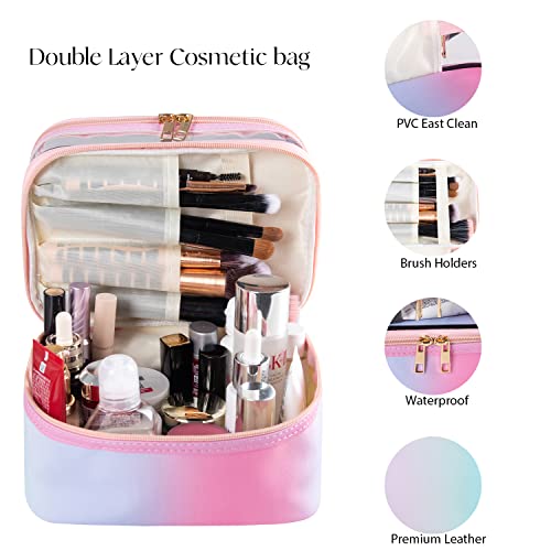 Rainbow Pink Travel Makeup Bag - Portable Waterproof Cosmetic Case
