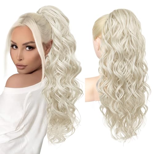 REECHO Platinum Blonde Ponytail Extension 24 Inch Long Curly Clip-In Hairpiece for Women