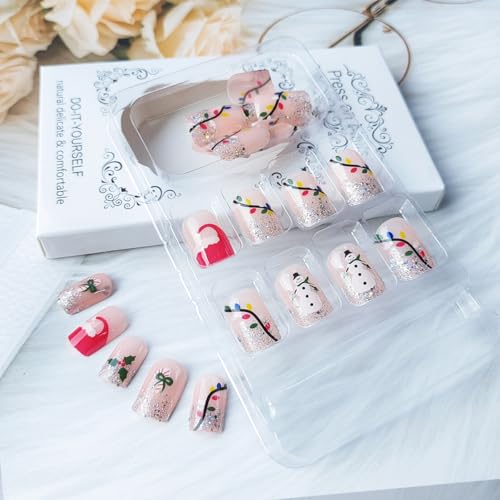 HREJHDS Snowman Christmas Glitter Press On Nails Short Square Fake Nails with French Tip & Nude Design