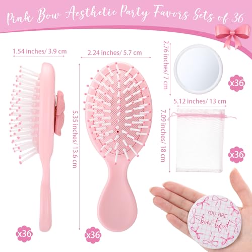 Wonderjune 12 Pink Bow Compact Mirrors & Mini Hair Brushes Set
