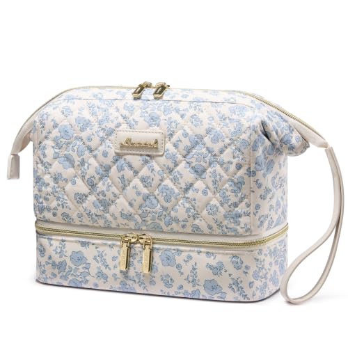 LOVEVOOK Blue Flower Travel Makeup Bag - Portable Double Layer Cosmetic Organizer