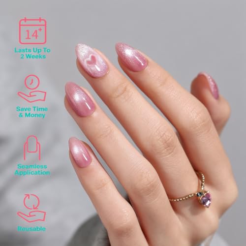 Pink Heart Soft Gel Press on Nails - Short Almond Reusable Manicure
