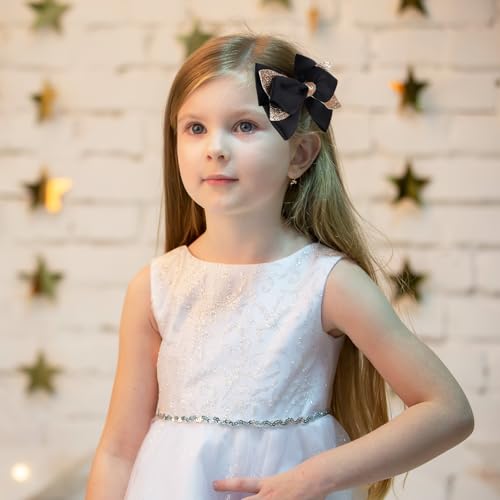 Black Glitter Hair Bow Clips for Girls Kids - 2 Pack 4 Inch Sparkly Hair Accessories