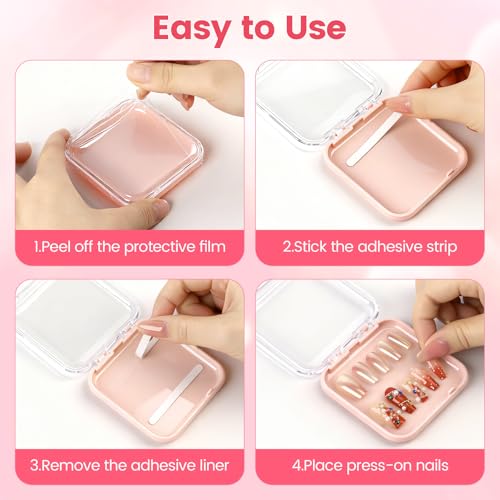YINGJEE Pink Press On Nail Storage Box Set with 90 Double-Sided Tape - Compact Organizer for Fake Nails & Jewelry