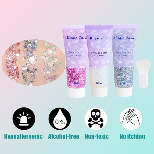 SeleneTenderaes Three-Color Body Glitter Gel 150ml White Pink Silver (Self-Adhesive) For Face Hair Nails