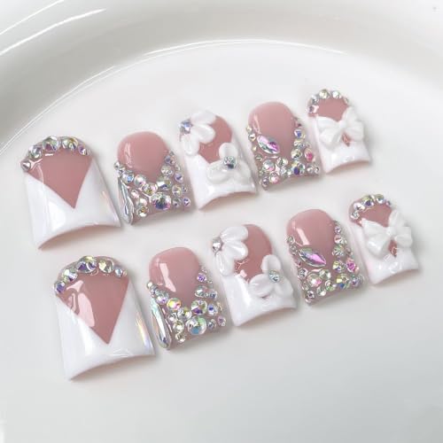 RIICFDD Medium Duck Press on Nails - Rhinestone French Tip (M)