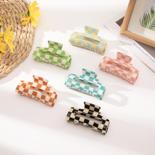 Multicolored Checkered Hair Claw Clips - 6 Pcs Strong Hold Accessories