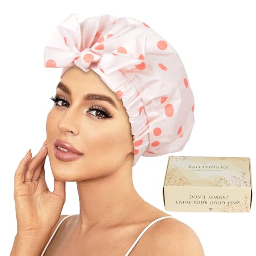 Pink Reusable Waterproof Shower Cap for Women with Adjustable Bowknot - Hair Bath & Hair Care