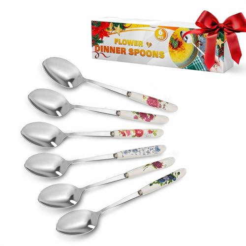 Ceramic Handle Stainless Steel Tablespoons Set of 6 - Floral Design