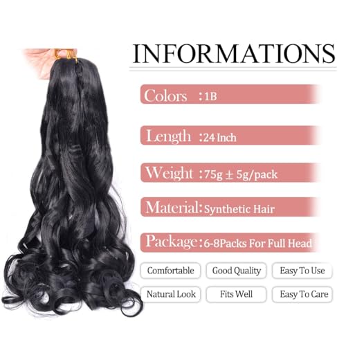 Luoyudu French Curly Braiding Hair 24Inch Loose Wavy 8 Packs #1B Black Bouncy Braiding Hair Extensions 75g/Pack Synthetic French Curl Crochet Hair Extensions£¨8packs,24Inch)