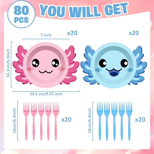 Axolotl Birthday Party Plates Set for 20 Guests – 7 Inch Dessert Plates & Forks
