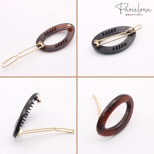 Parcelona French Eggie Oval Hair Clips 1.25 inch Shell & Black Barrette Set