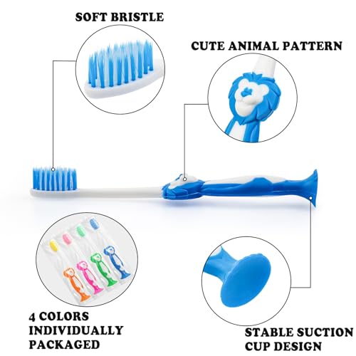 Disposable Toddler Toothbrushes 40 Pack - Cute Animal Lion Design, 4 Bright Colors, Portable & Soft Bristles