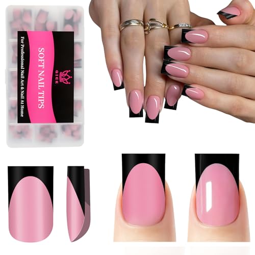 QIEK 150Pcs Deep Pink & Black French Tip Press-On Nails - Short Square