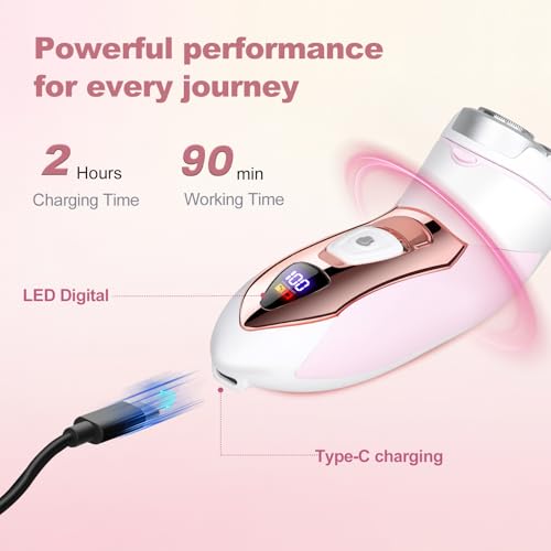 Electric Razors for Women, Rechargeable Painless Shaver for Women,LED Display Wet & Dry Waterproof Electric Razors for Body Face Legs Underarms and Bikini Area,Pop-Up Trimmer Light Pink